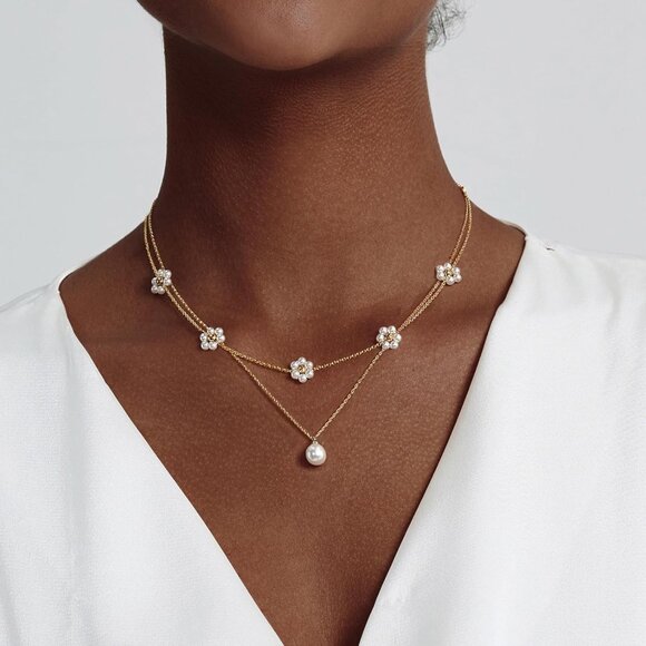 Gold Pearl Necklaces Set 14K Gold Plated Dainty Layered Pearl Trendy Jewelry - Picture 3 of 7